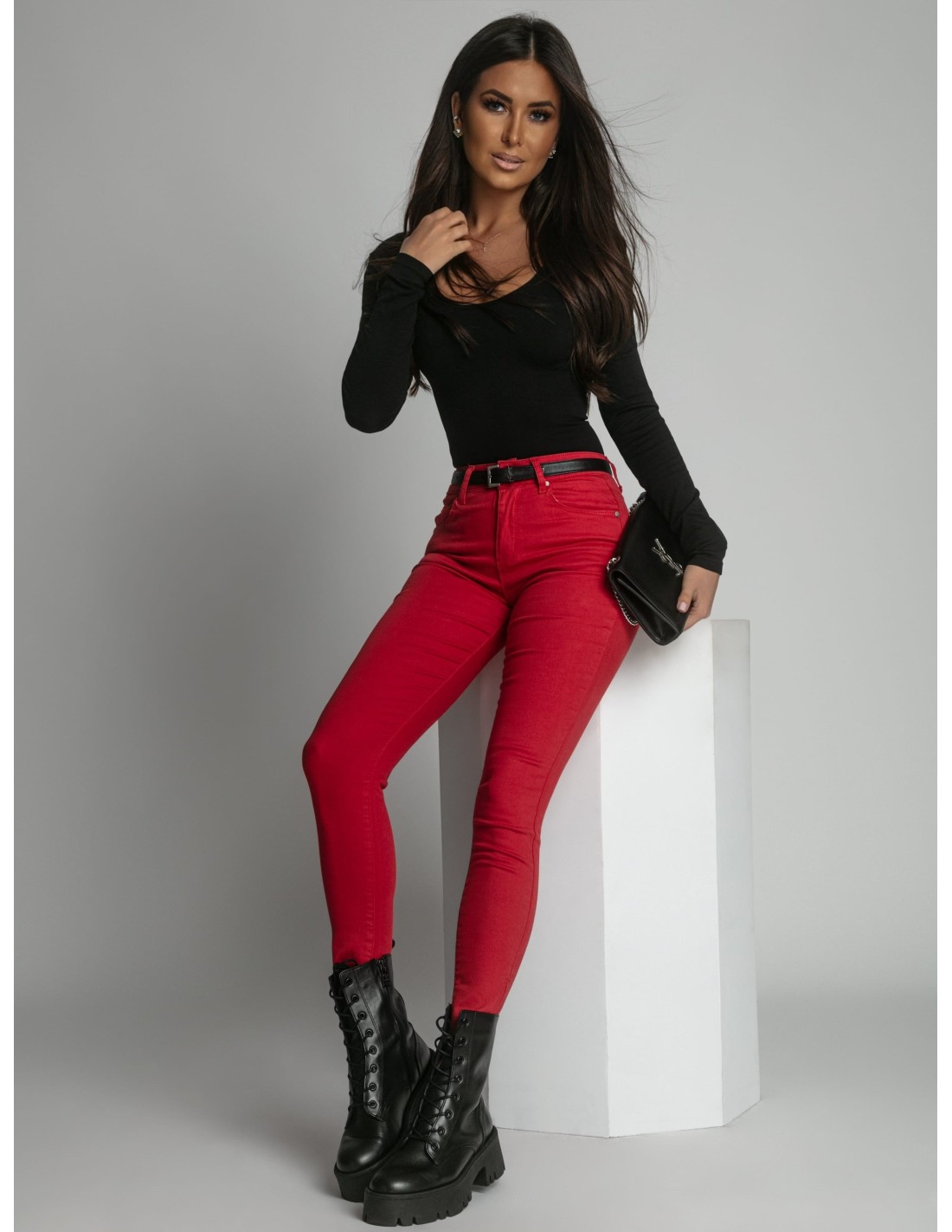 Jeans trousers with zippers on the legs, red, 0604 - Online store - Boutique